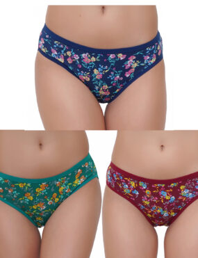 STOGBULL Flower Print Women Full Coverage Mid Waist Hipster Panty Maroon, Green, NevyBlue. Pack of 3