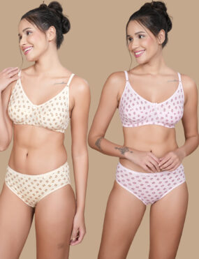 Bra & Panty Set Self Design Pink, Mint, Skin, Lingerie Set Pack of 2