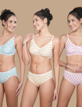 Bra & Panty Set Self Design Pink, Mint, Skin, Lingerie Set Pack of 3